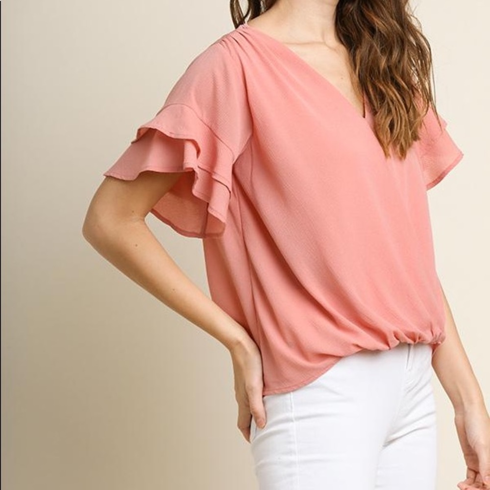 Umgee Layered Ruffle Sleeve Surplice Top Rose S